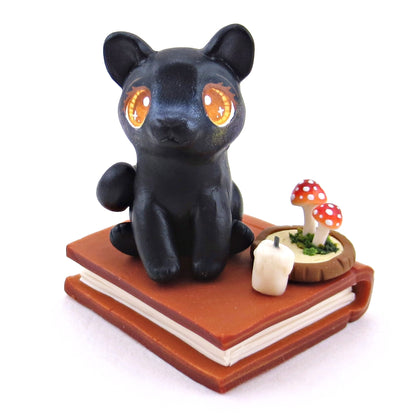 Black Cat Familiar with Book Stand Figurine - Polymer Clay Halloween Collection