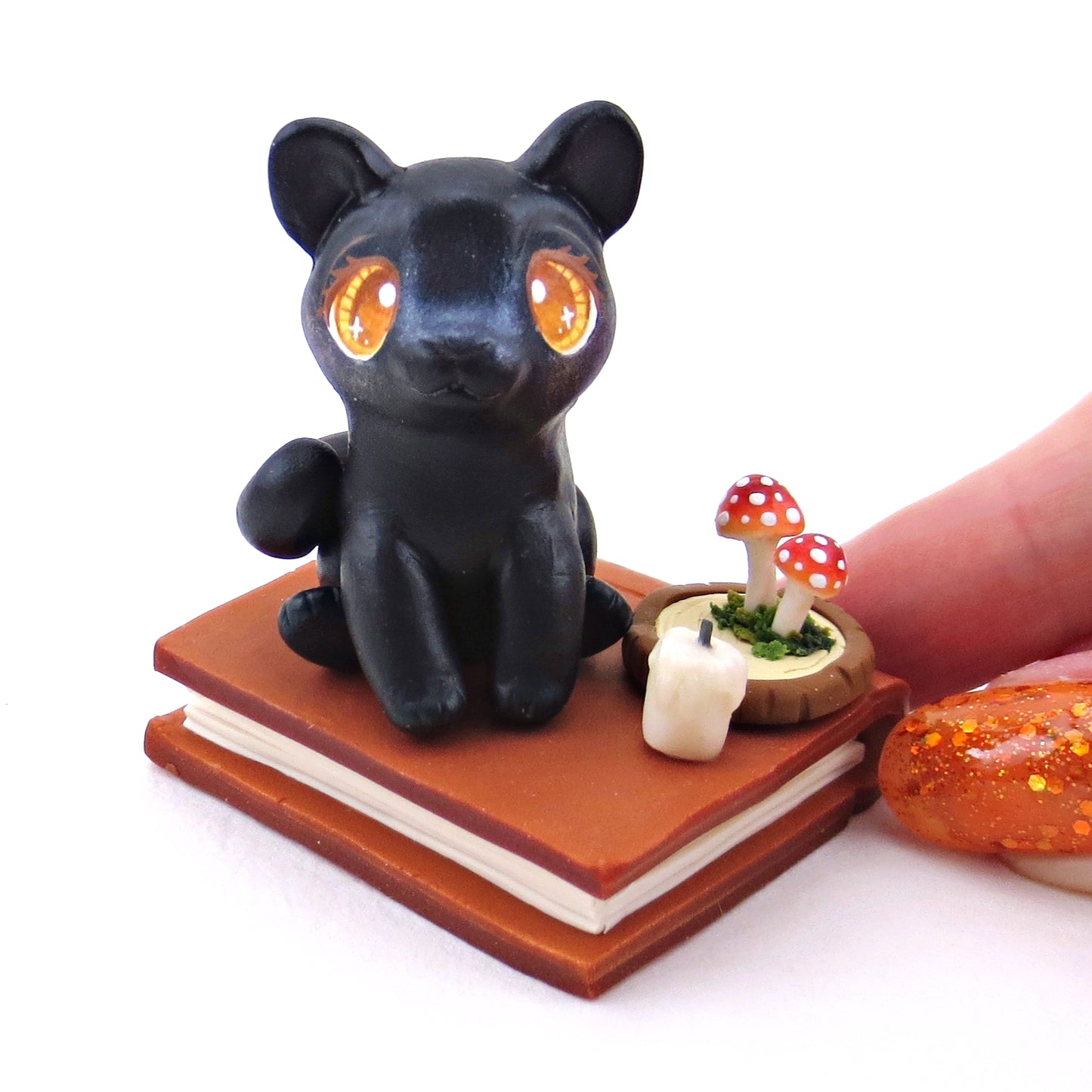 Black Cat Familiar with Book Stand Figurine - Polymer Clay Halloween Collection