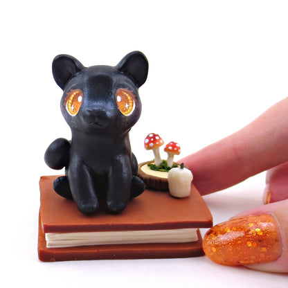 Black Cat Familiar with Book Stand Figurine - Polymer Clay Halloween Collection