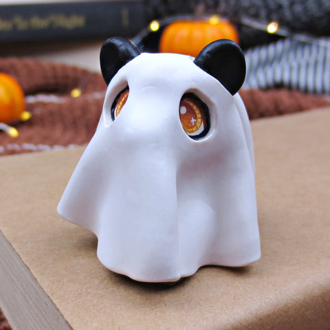 Black Cat in Ghost Costume Figurine - Polymer Clay Halloween Collection