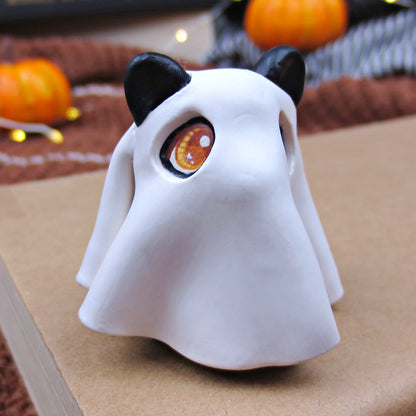 Black Cat in Ghost Costume Figurine - Polymer Clay Halloween Collection