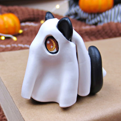 Black Cat in Ghost Costume Figurine - Polymer Clay Halloween Collection