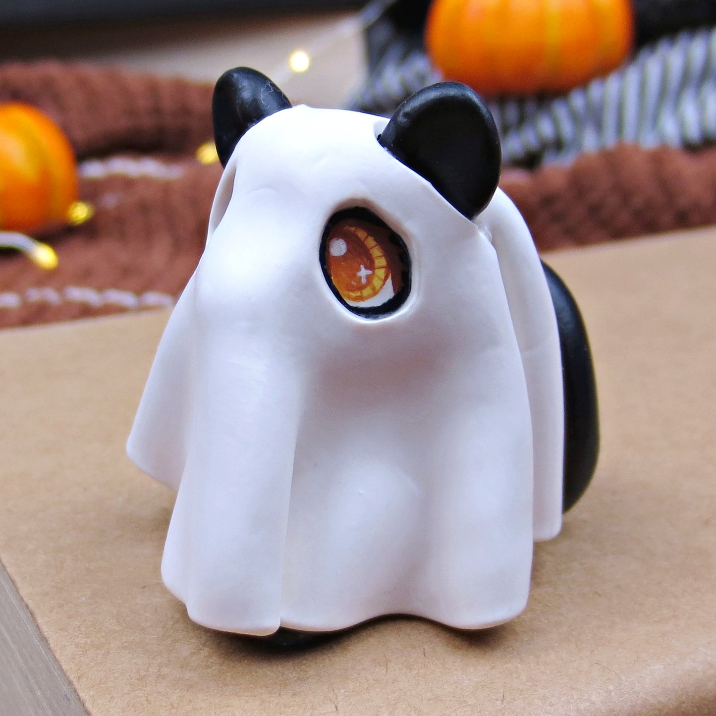 Black Cat in Ghost Costume Figurine - Polymer Clay Halloween Collection