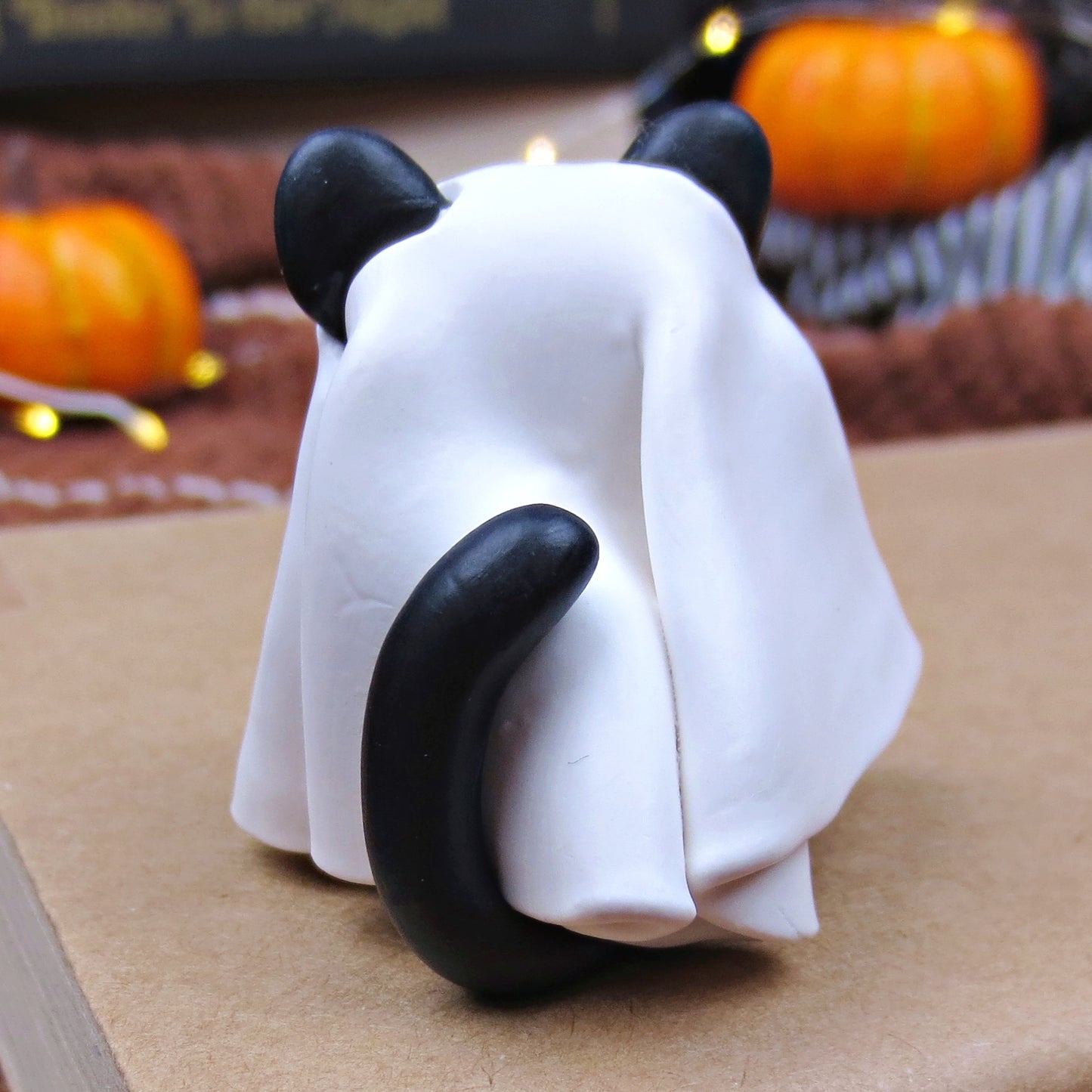 Black Cat in Ghost Costume Figurine - Polymer Clay Halloween Collection