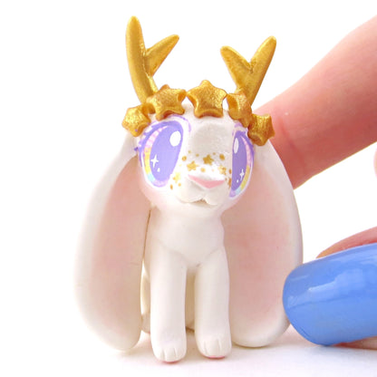 Golden Star Crown Jackalope Wolpertinger Figurine - Polymer Clay Animals