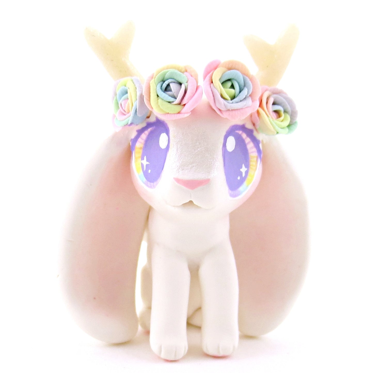 Rainbow Rose Flower Crown Jackalope Wolpertinger Figurine - Polymer Clay Animals