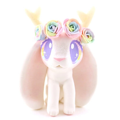 Rainbow Rose Flower Crown Jackalope Wolpertinger Figurine - Polymer Clay Animals