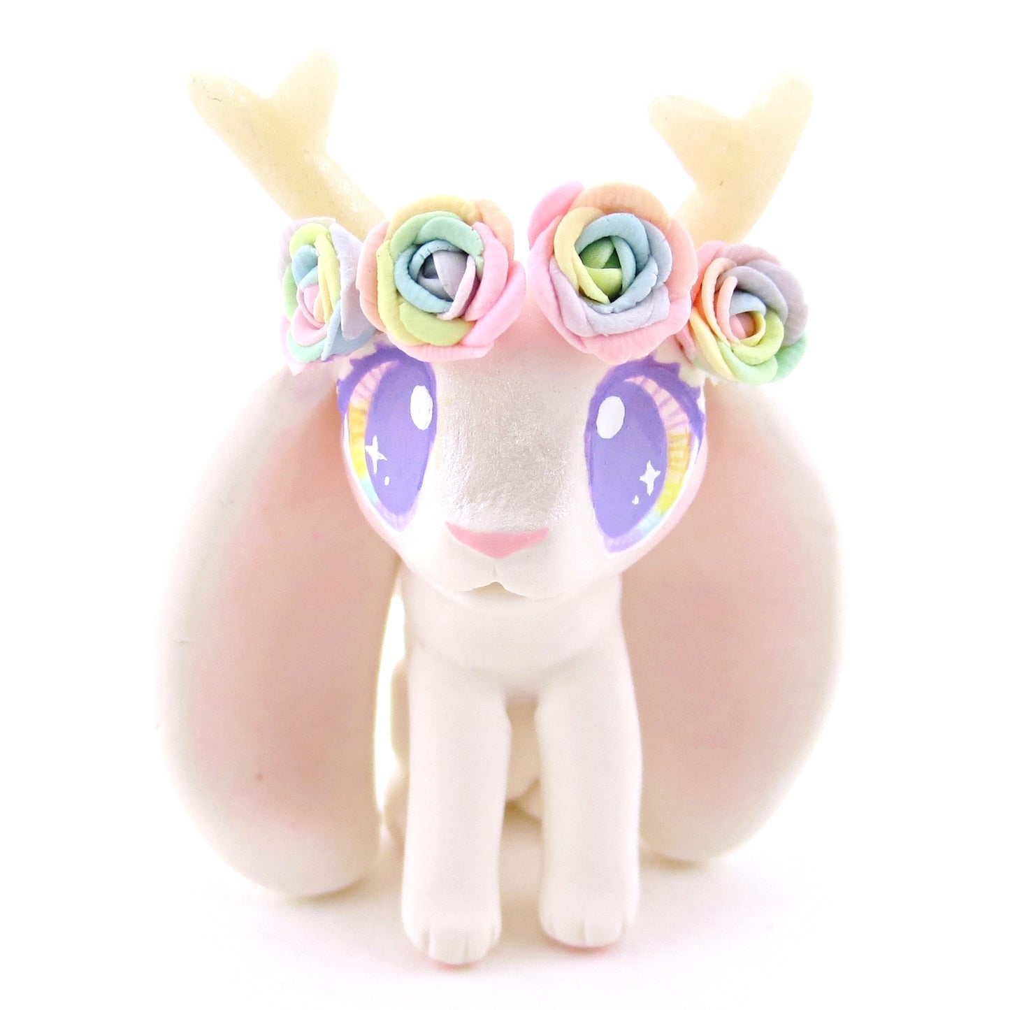 Rainbow Rose Flower Crown Jackalope Wolpertinger Figurine - Polymer Clay Animals