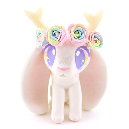 Rainbow Rose Flower Crown Jackalope Wolpertinger Figurine - Polymer Clay Animals