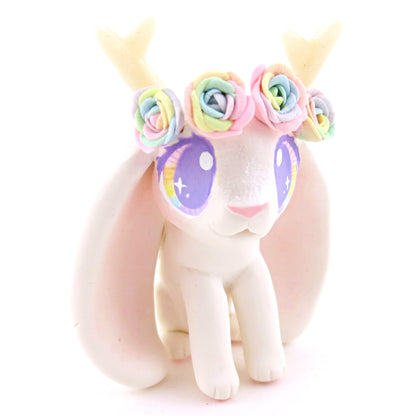 Rainbow Rose Flower Crown Jackalope Wolpertinger Figurine - Polymer Clay Animals