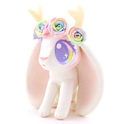 Rainbow Rose Flower Crown Jackalope Wolpertinger Figurine - Polymer Clay Animals