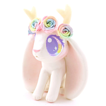 Rainbow Rose Flower Crown Jackalope Wolpertinger Figurine - Polymer Clay Animals