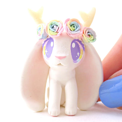 Rainbow Rose Flower Crown Jackalope Wolpertinger Figurine - Polymer Clay Animals