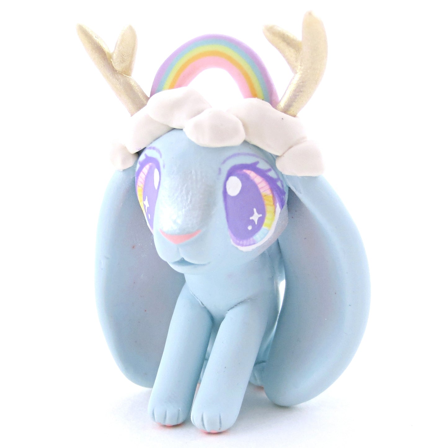 Rainbow and Cloud Crown Jackalope Wolpertinger Figurine - Polymer Clay Animals