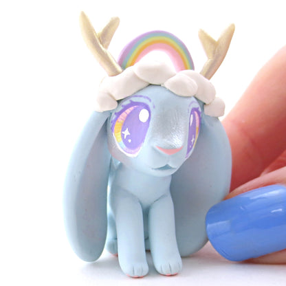 Rainbow and Cloud Crown Jackalope Wolpertinger Figurine - Polymer Clay Animals