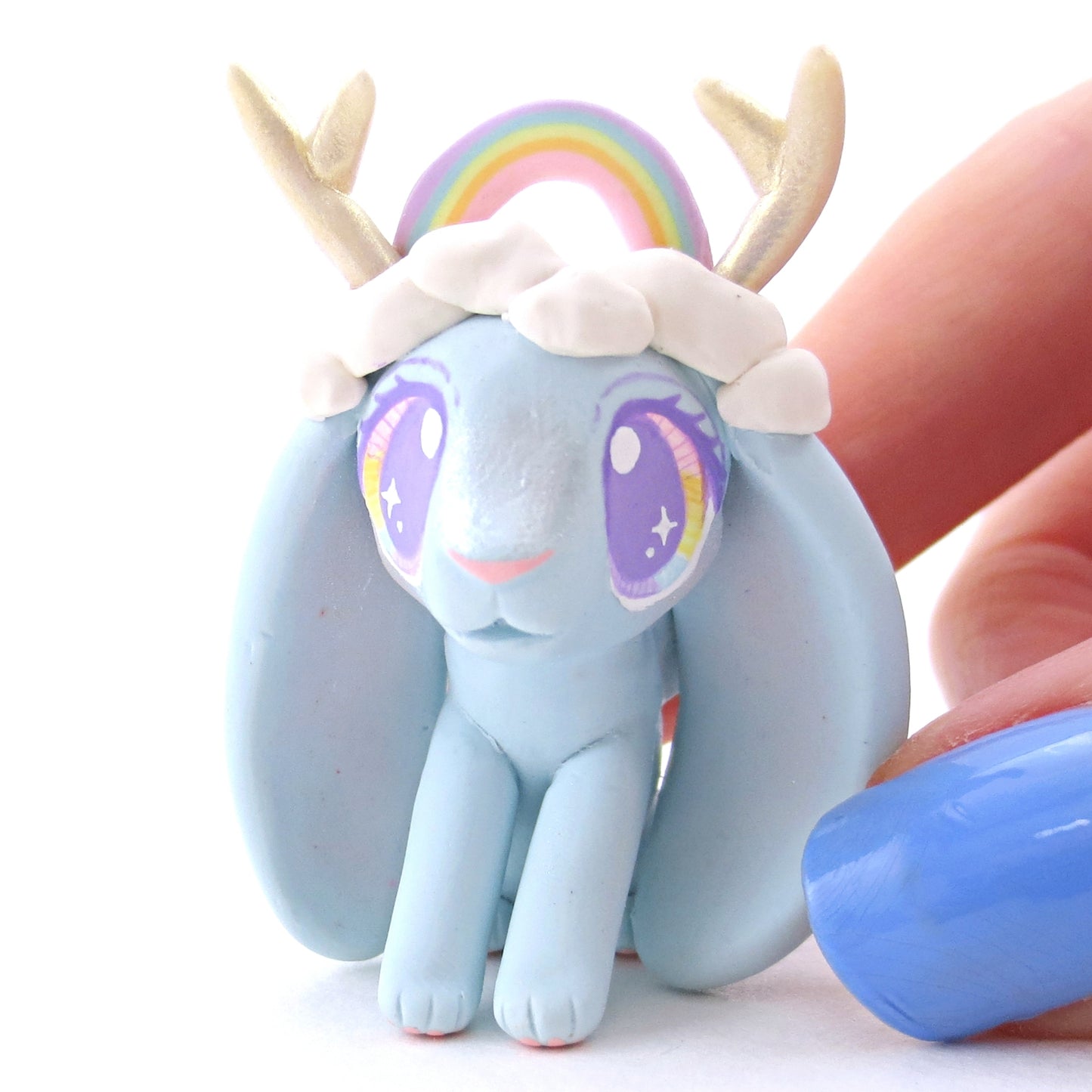 Rainbow and Cloud Crown Jackalope Wolpertinger Figurine - Polymer Clay Animals