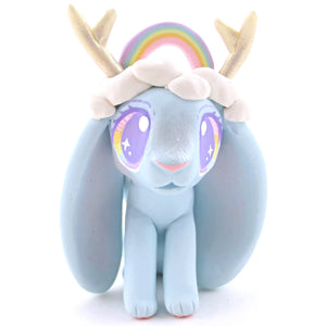 Rainbow and Cloud Crown Jackalope Wolpertinger Figurine - Polymer Clay Animals