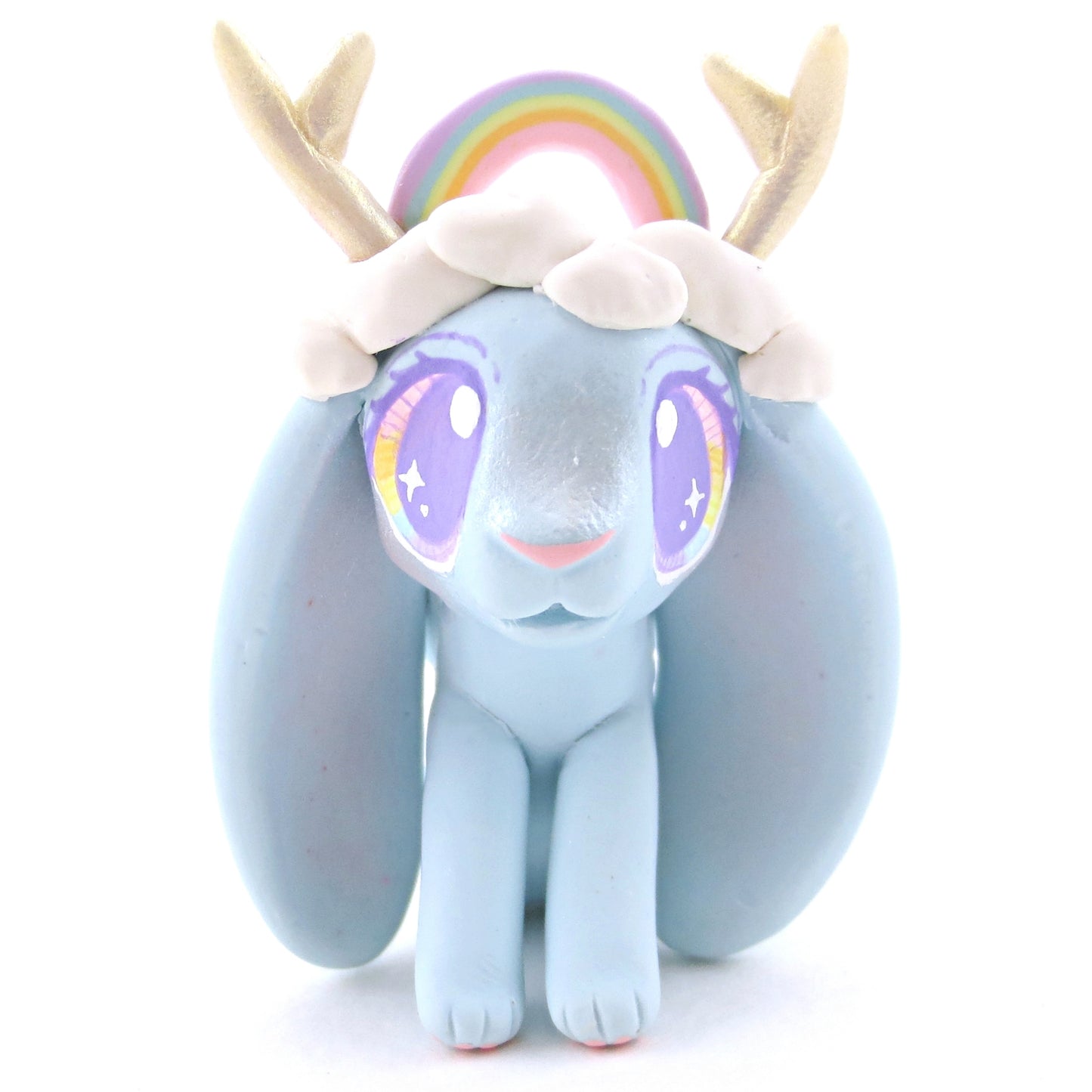 Rainbow and Cloud Crown Jackalope Wolpertinger Figurine - Polymer Clay Animals