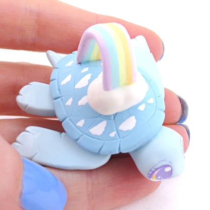 Rainbow and Cloud Blue Turtle Figurine - Polymer Clay Animals