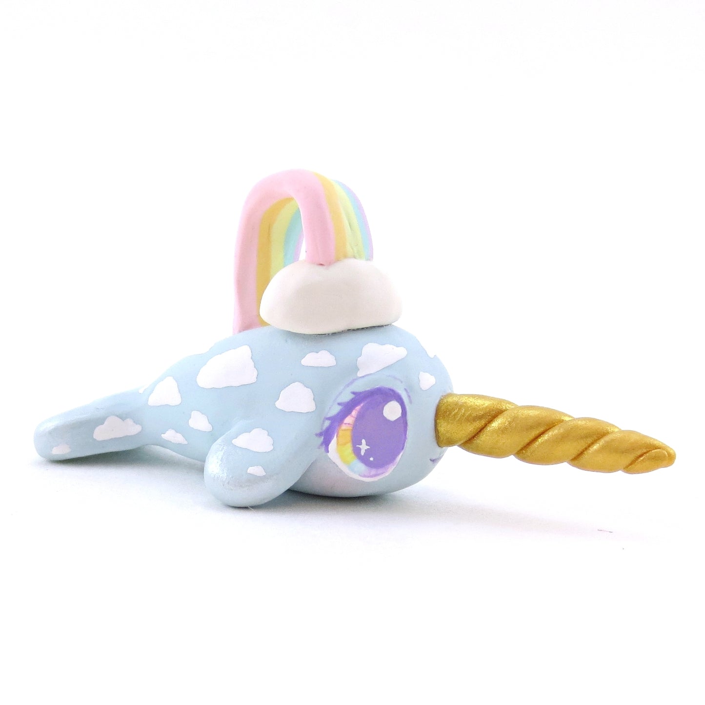 Rainbow and Cloud Blue Baby Narwhal Figurine - Polymer Clay Animals