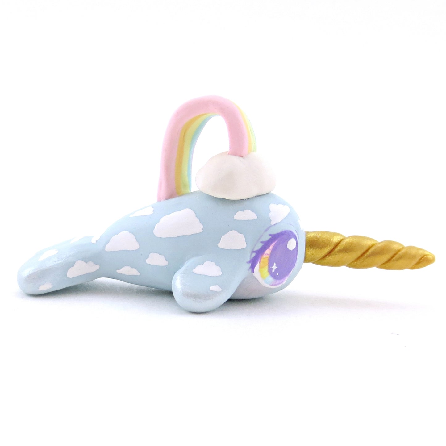 Rainbow and Cloud Blue Baby Narwhal Figurine - Polymer Clay Animals