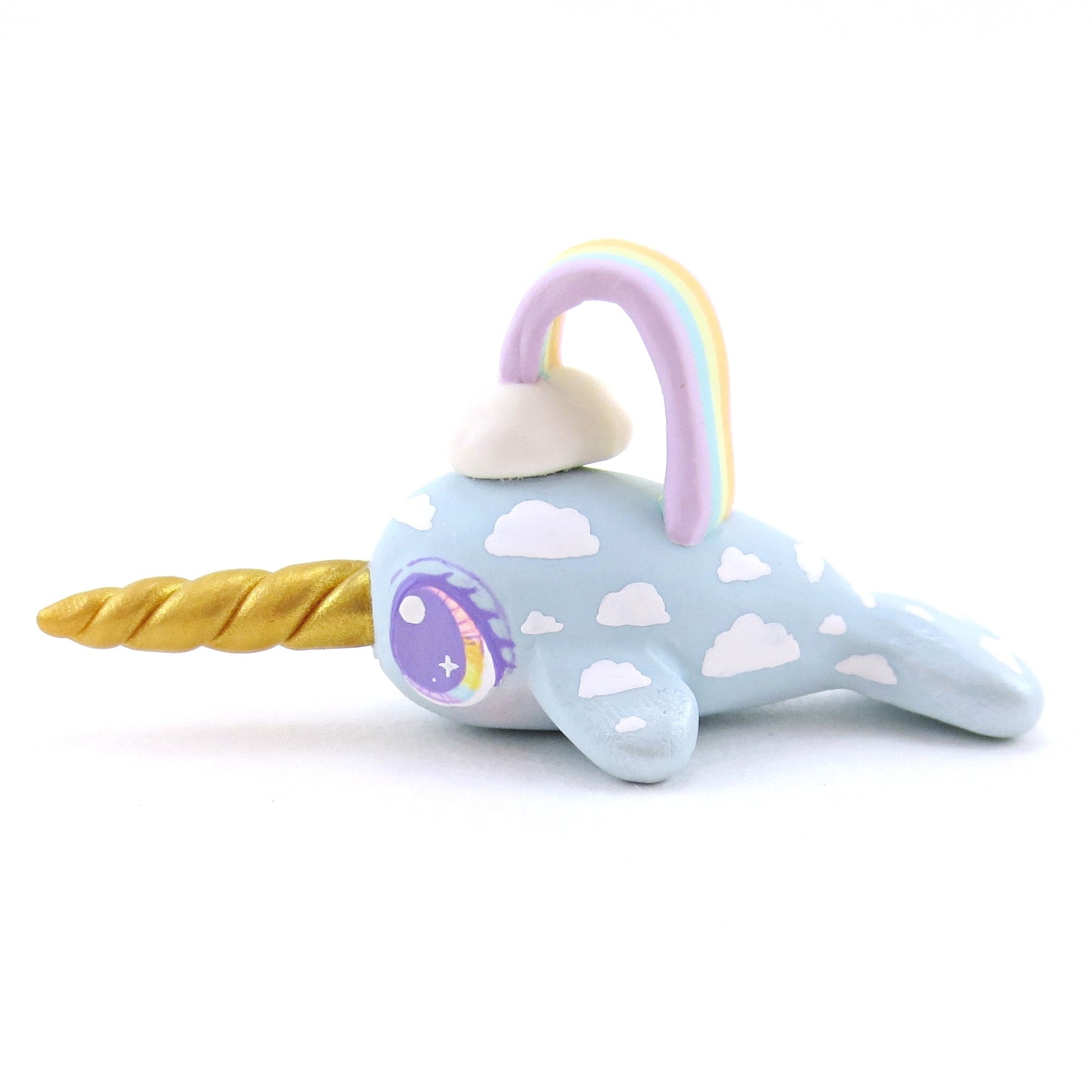 Rainbow and Cloud Blue Baby Narwhal Figurine - Polymer Clay Animals