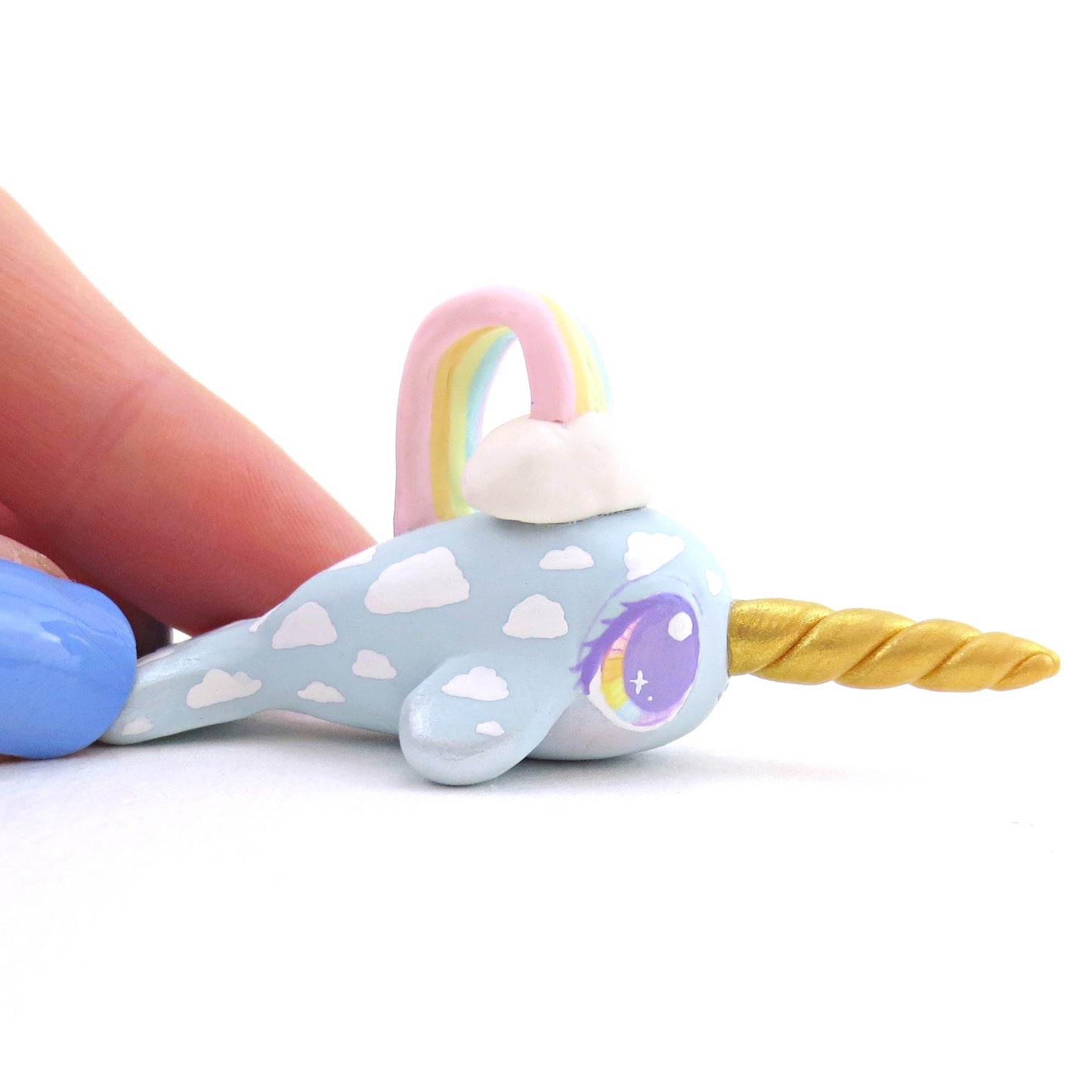 Rainbow and Cloud Blue Baby Narwhal Figurine - Polymer Clay Animals