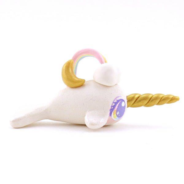 Rainbow, Cloud and Moon Narwhal Figurine - Polymer Clay Animals