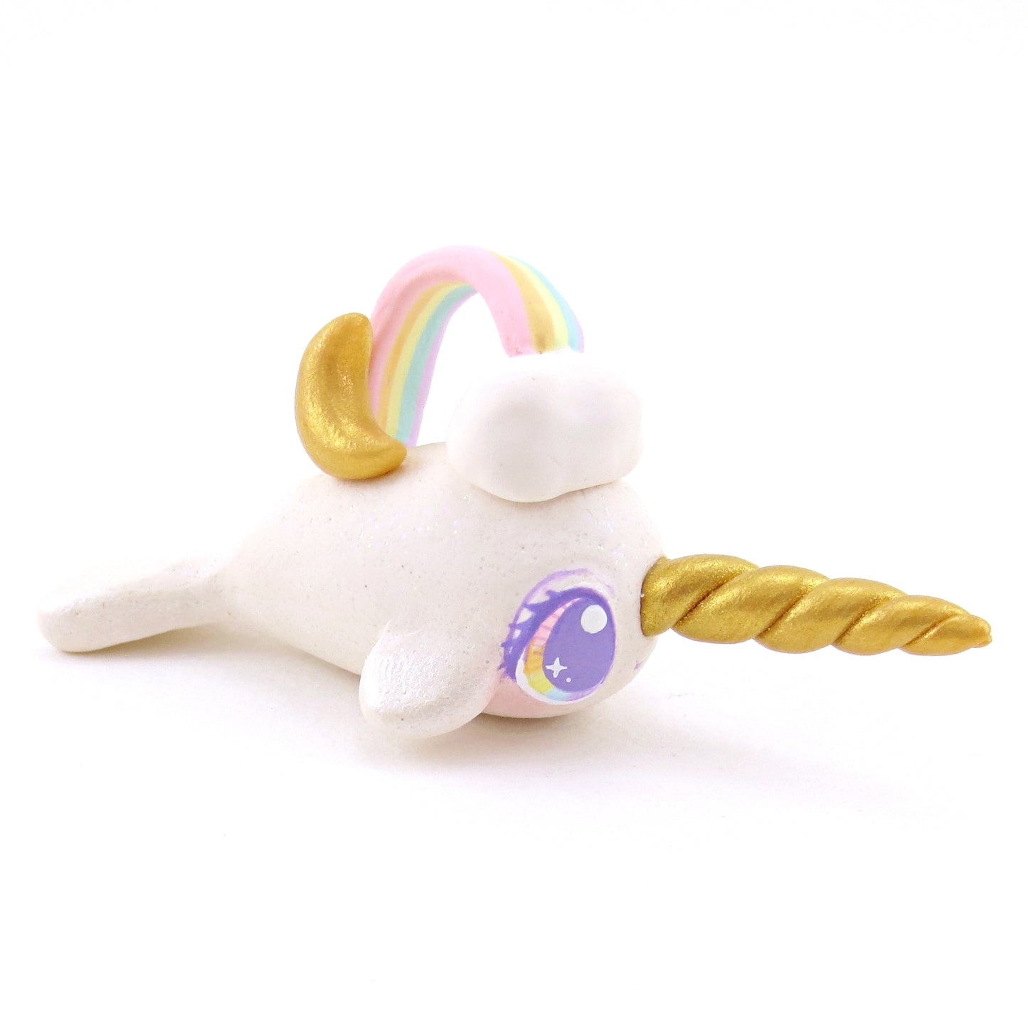 Rainbow, Cloud and Moon Narwhal Figurine - Polymer Clay Animals