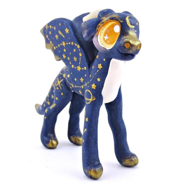 Dark Blue and Golden Constellation Dragon Figurine - Polymer Clay Magical Creatures