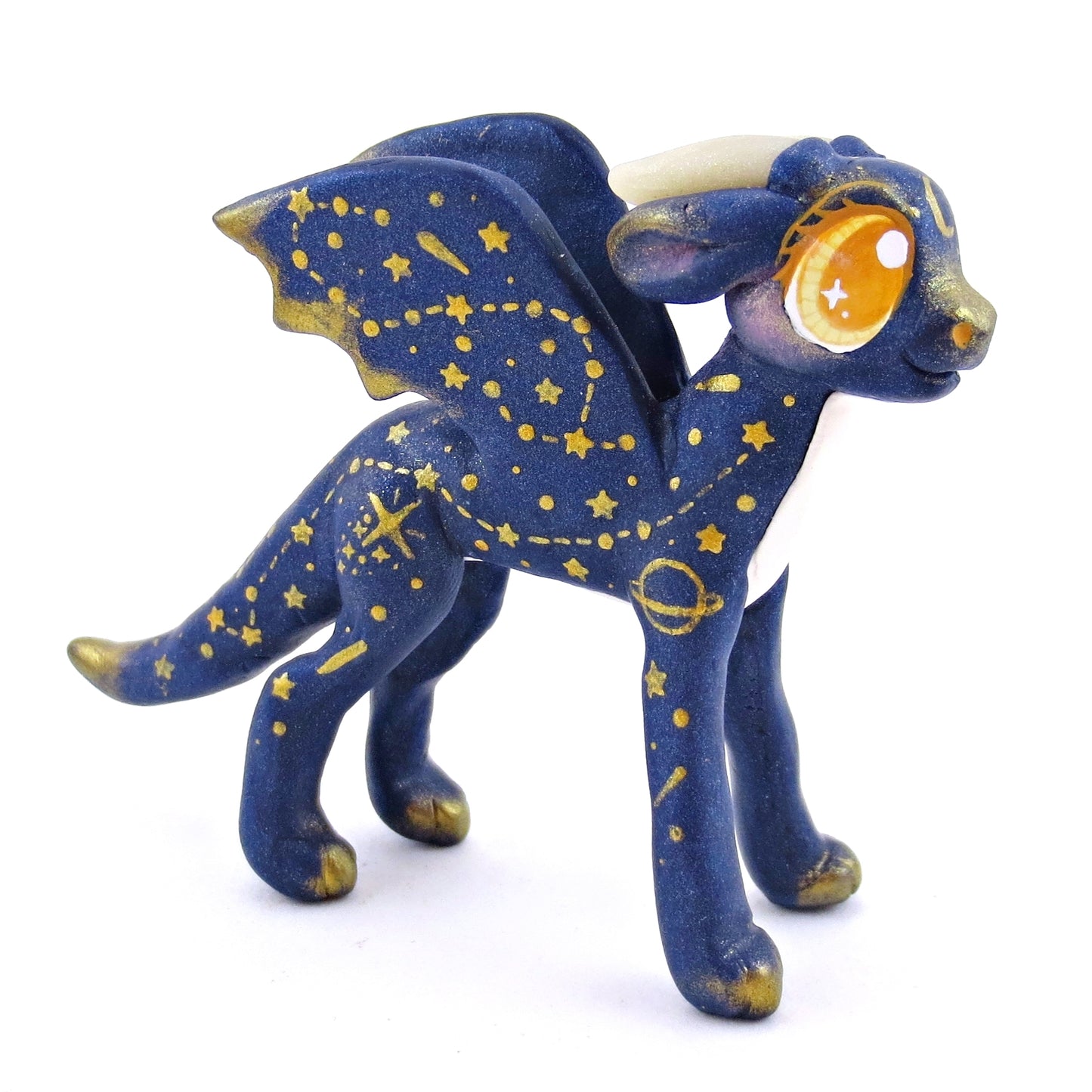 Dark Blue and Golden Constellation Dragon Figurine - Polymer Clay Magical Creatures