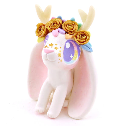 Golden Rose Crown Jackalope Wolpertinger Figurine - Polymer Clay Magical Creatures