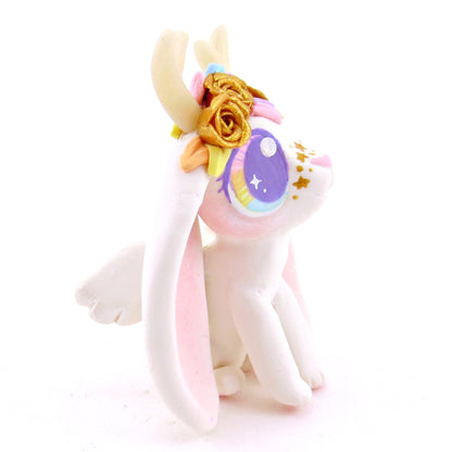 Golden Rose Crown Jackalope Wolpertinger Figurine - Polymer Clay Magical Creatures