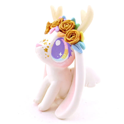 Golden Rose Crown Jackalope Wolpertinger Figurine - Polymer Clay Magical Creatures