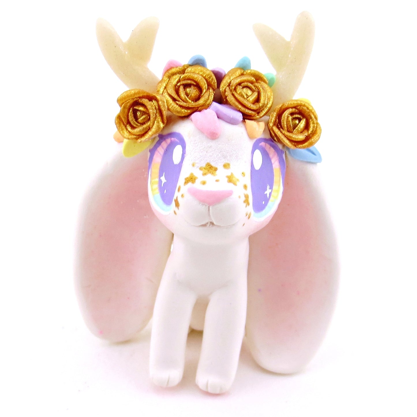 Golden Rose Crown Jackalope Wolpertinger Figurine - Polymer Clay Magical Creatures