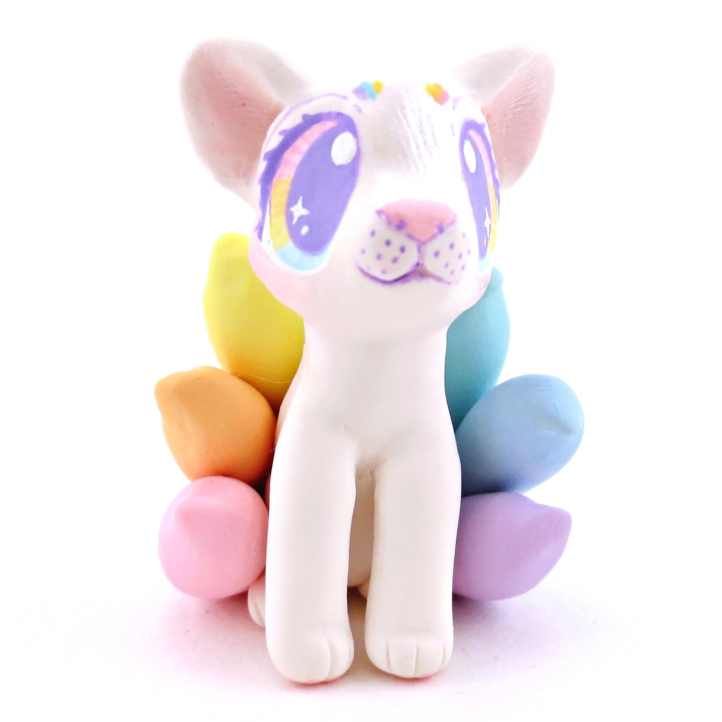 Rainbow Tails Kitsune Figurine - Polymer Clay Magical Creatures