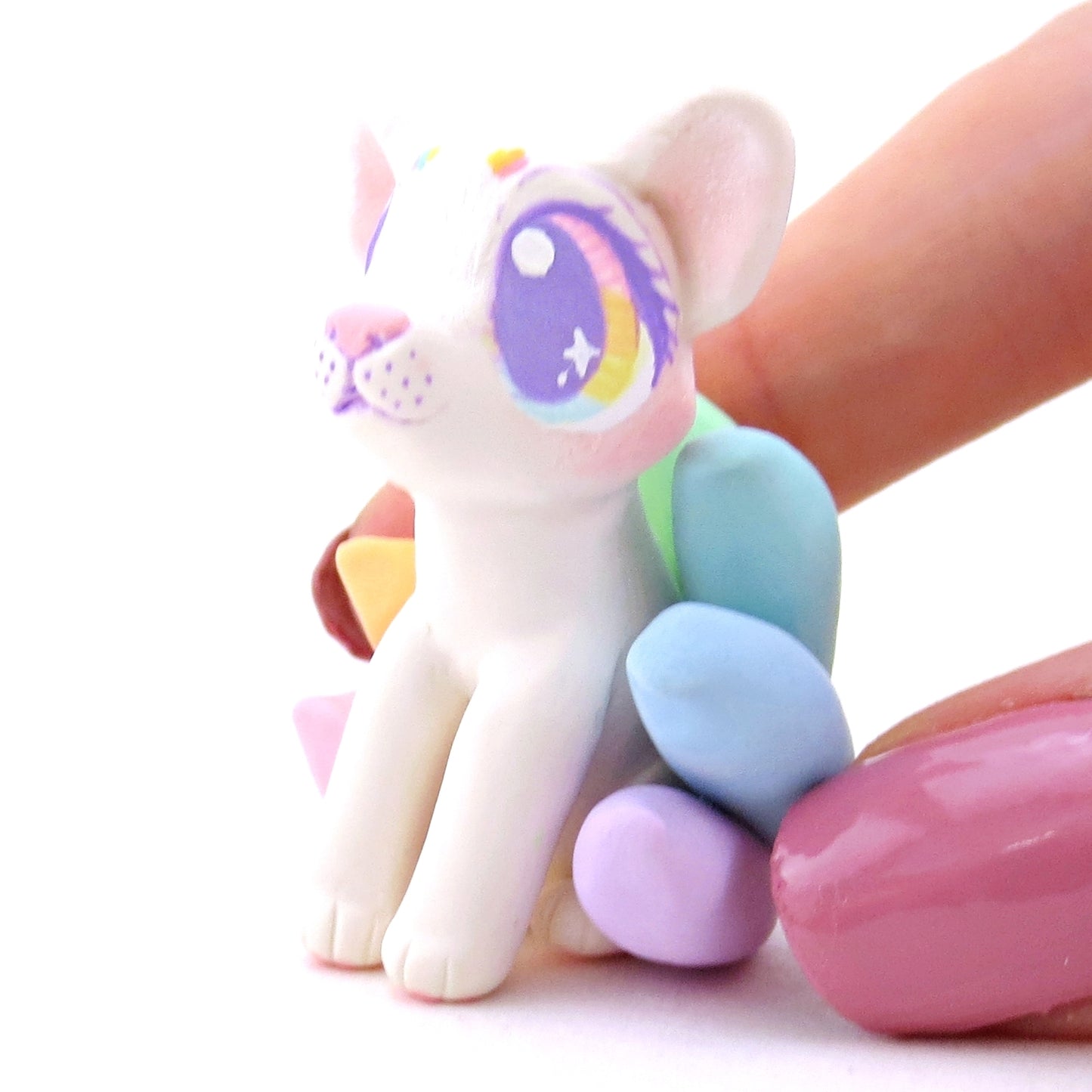 Rainbow Tails Kitsune Figurine - Polymer Clay Magical Creatures