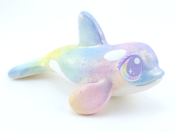 Rainbow Iridescent Orca Figurine - Polymer Clay Kawaii Animals