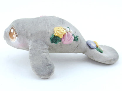 Manatee Figurine with Seashells - Polymer Clay Kawaii Animals