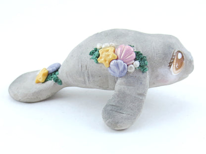 Manatee Figurine with Seashells - Polymer Clay Kawaii Animals