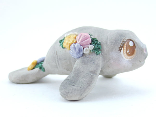Manatee Figurine with Seashells - Polymer Clay Kawaii Animals