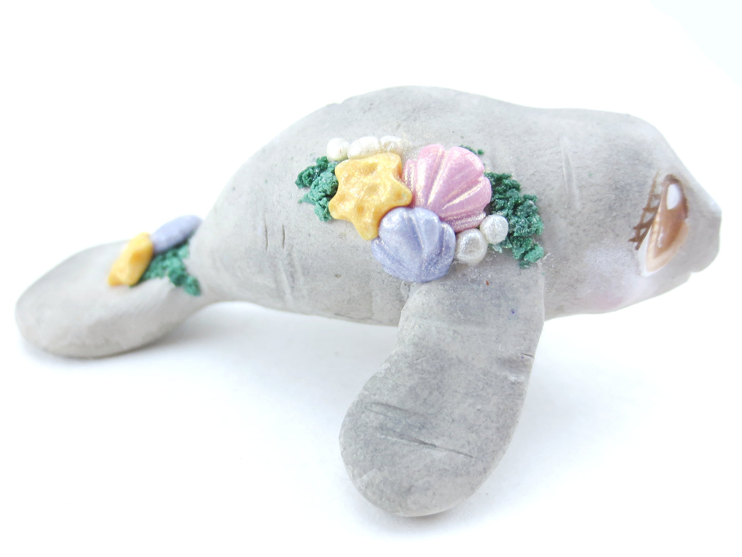 Manatee Figurine with Seashells - Polymer Clay Kawaii Animals