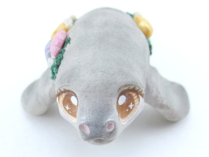 Manatee Figurine with Seashells - Polymer Clay Kawaii Animals