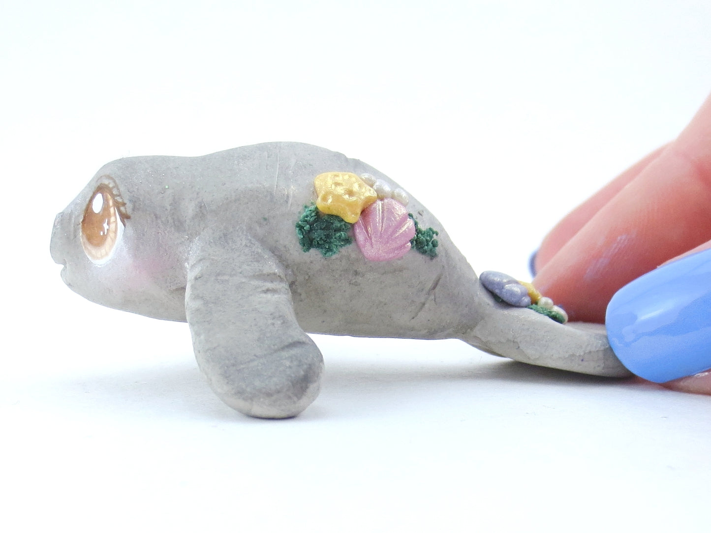 Manatee Figurine with Seashells - Polymer Clay Kawaii Animals