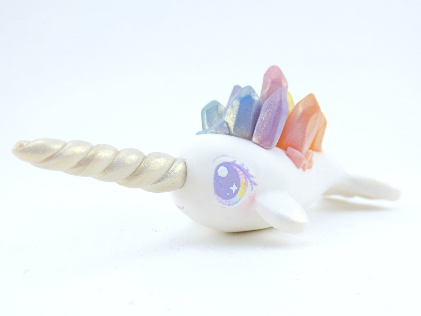 Rainbow Crystal Narwhal Figurine - Polymer Clay Kawaii Animals