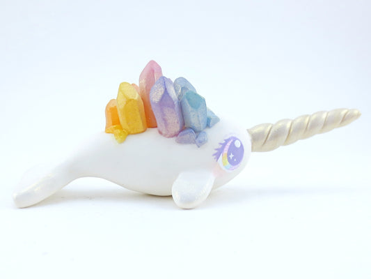 Rainbow Crystal Narwhal Figurine - Polymer Clay Kawaii Animals