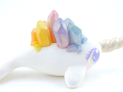 Rainbow Crystal Narwhal Figurine - Polymer Clay Kawaii Animals