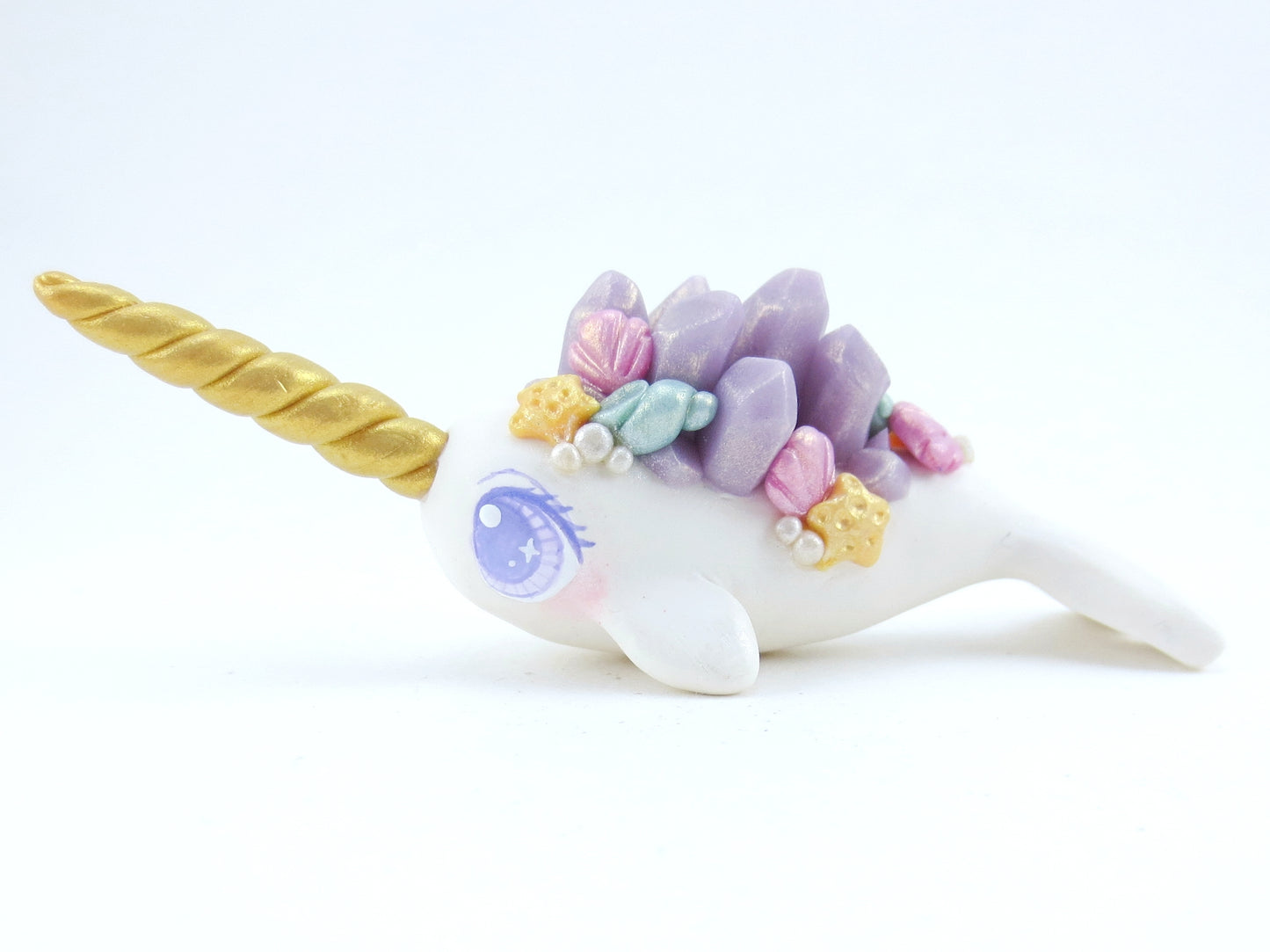 Seashell Purple Crystal Narwhal Figurine - Polymer Clay Kawaii Animals