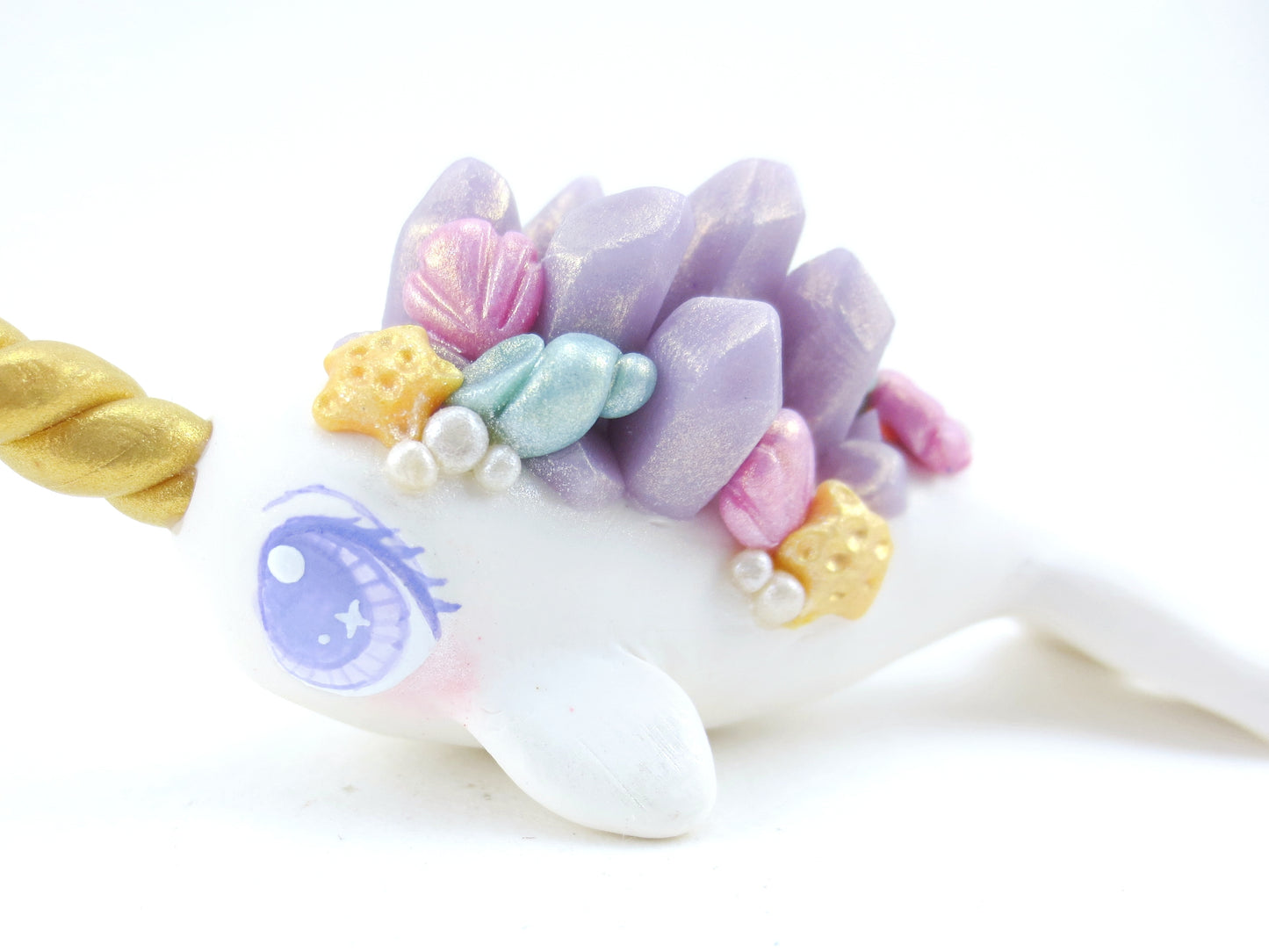 Seashell Purple Crystal Narwhal Figurine - Polymer Clay Kawaii Animals