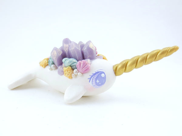 Seashell Purple Crystal Narwhal Figurine - Polymer Clay Kawaii Animals